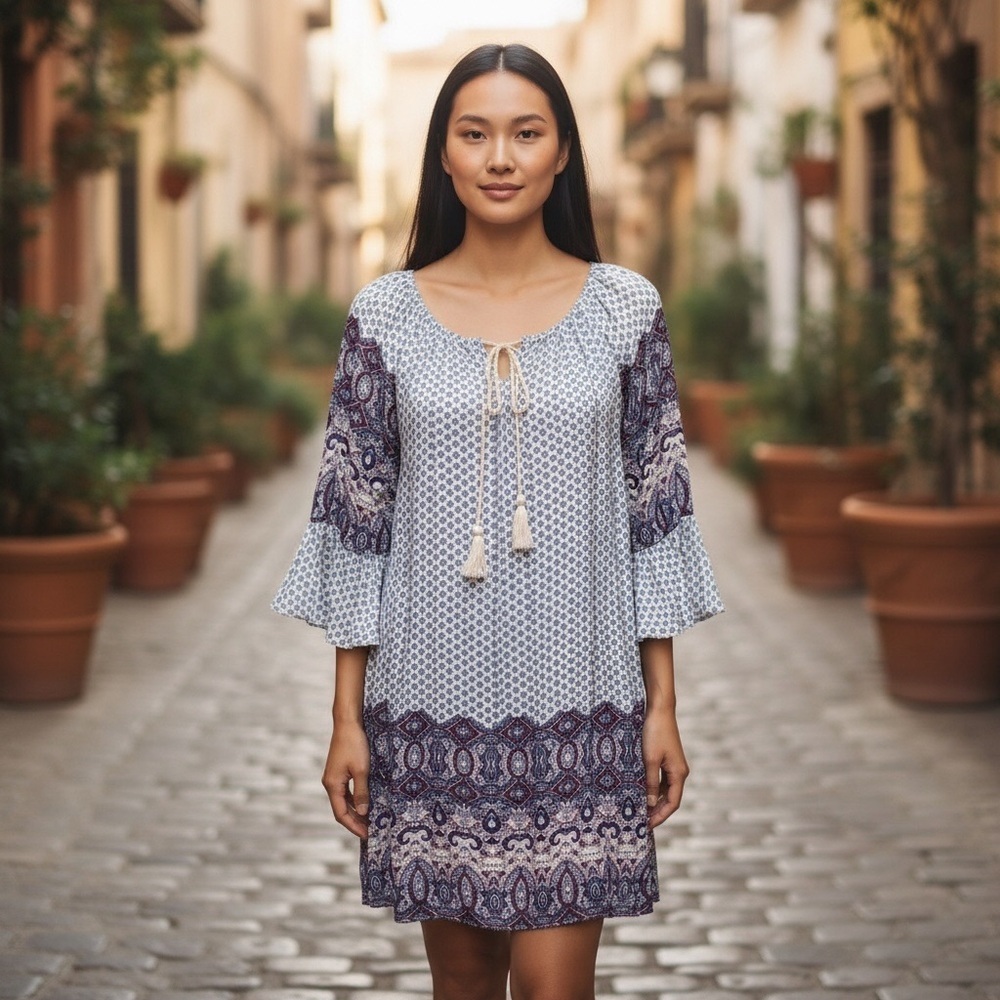 Umgee + Women’s Floral/Paisley Boho Blue/White/Wine Dress Size-1XL EUC
